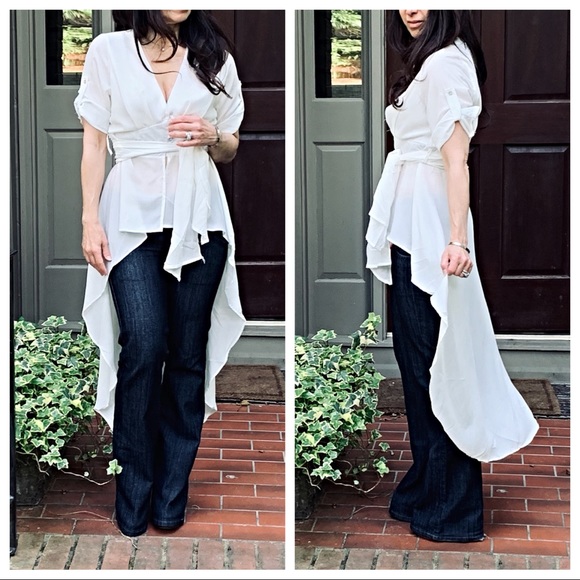 White button down high low tie waist tunic - Picture 3 of 8